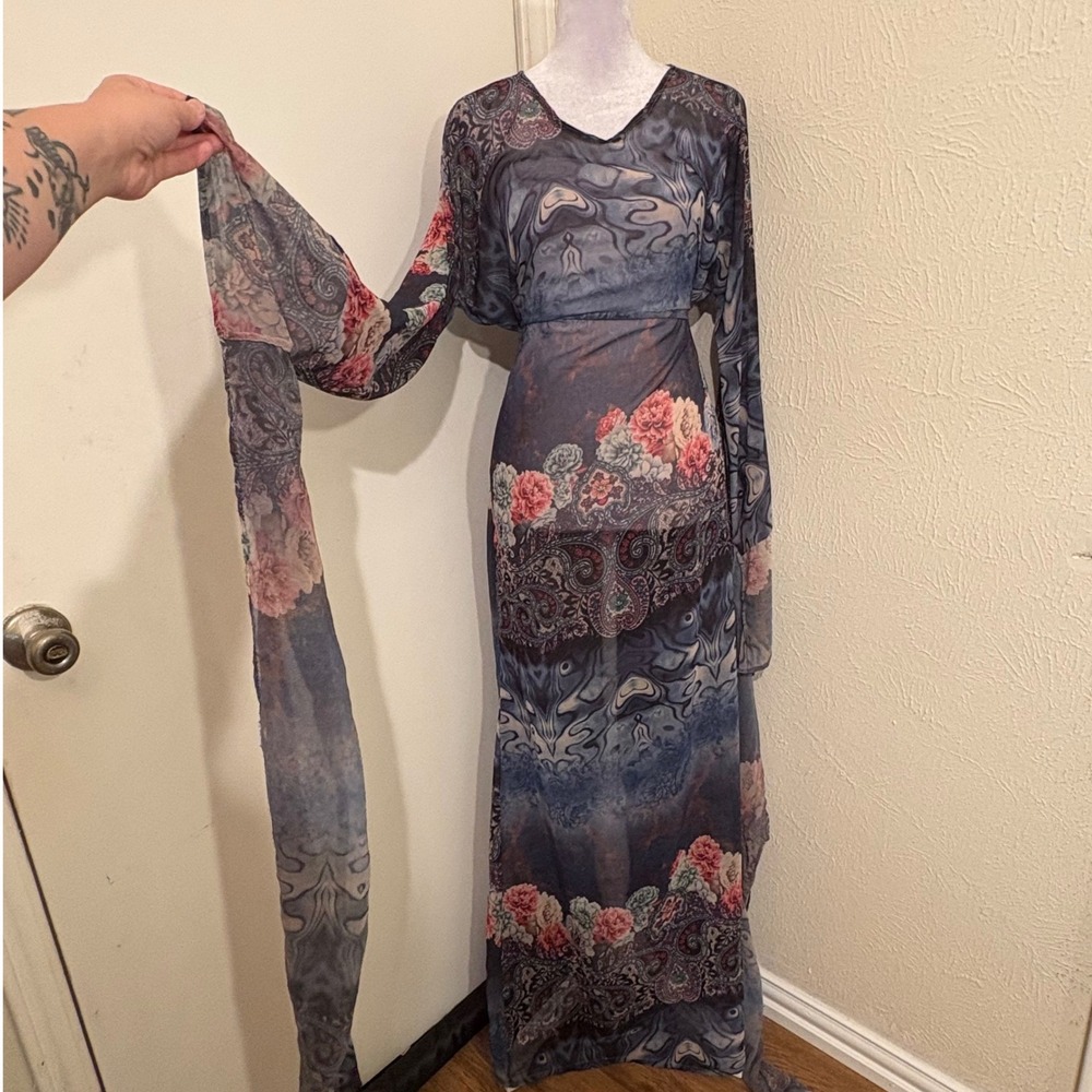 Blue Floral Sheer Maxi Dress Extra Long Flowing Sleeves Fairy Hippie Whimsygoth
